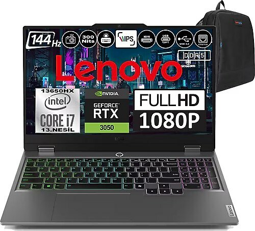 Lenovo LOQ 15IRX9 83DV00G5TRF15 15.6 inç Intel Core i7 13650HX 96 GB 2 TB SSD NVIDIA GeForce RTX 3050 FreeDOS