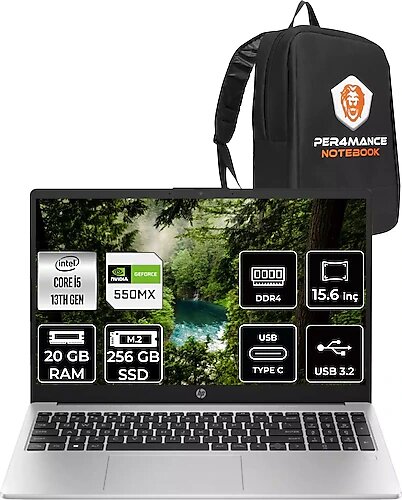 HP 250 G10 8A539EA 15.6 inç Intel Core i5 1335U 20 GB 256 GB SSD NVIDIA GeForce MX550 FreeDOS