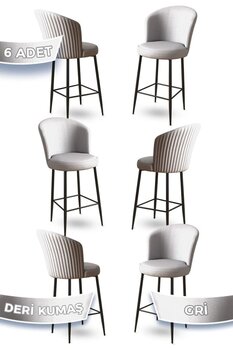 Canisa Rika Serisi 6 Adet Gri 65 Cm Deri Bar Sandalyesi Siyah Metal Ayaklıada Mutfak Bar Sandalyesi