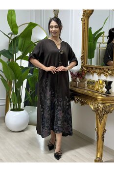 butikbanum Kahverengi %100 Keten İthal Elbise Standart Beden