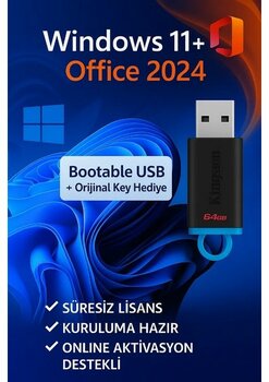 MicrosoftWindows 11 & Office 2024 Pro Plus USB Kurulum + Orijinal Hediyeli Lisans - 2025/2026 Key ve Format Flash Bellek