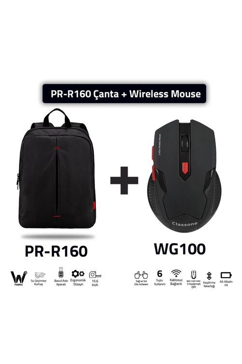 Classone PR-R160-WG100 Siyah Su Geçirmez Kumaş 15,6 inç Sırt Çantası + Kablosuz Mouse