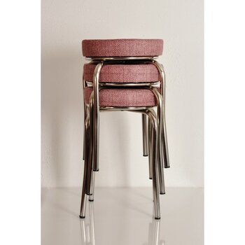 Akk Ticaret 3 Adet Pembe Renkli Kumaş Nikelajlı Demir Tabure Mutfak Taburesi