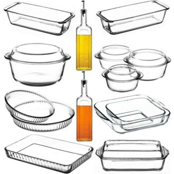 Paşabahçe Borcam 14 Parça Cam Kapaklı Dikdörtgen ve Yuvarlak Tencere Seti - Fırın ve Servis İçin Şeffaf Cam - 14 Adet