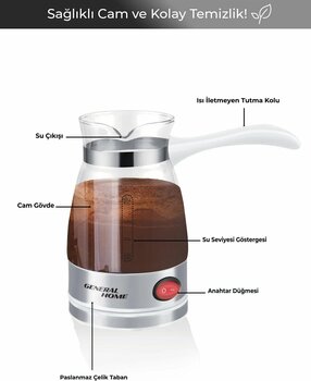 General Home Elektrikli Cam Cezve – Beyaz | 0,5 L Türk Kahvesi, 700W, Gösterge Işıklı