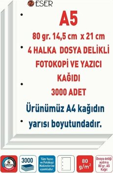 Eser 4 Delikli Navigator Marka A5 Fotokopi Yazıcı Kağıdı 80 Gr. 3000 Adet A5