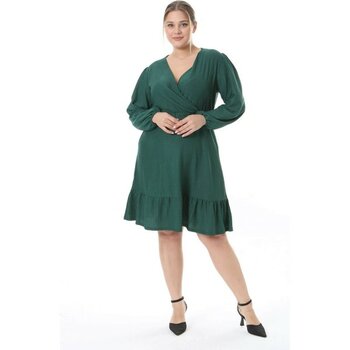 Mooi XXL Kadın Zümrüt Yeşil Kruvaze Yaka Balon Kol Büyük Beden Esnek Elbise - 42 - 44