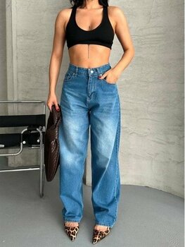 Baggy Süper Taş Bıyık Yıkama Mavi Jeans Pantolon D2007 - 42