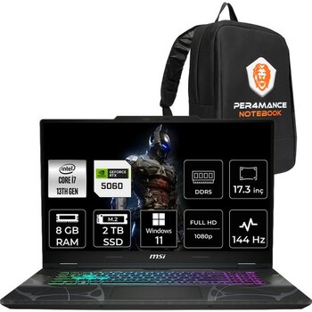 MSI Msı Cyborg 17 i7 13620H RTX 5060 8GB 8GB RAM 2TB SSD 17.3" FHD 144Hz Win11 Home B13WFKG092XTRP354 Gaming Laptop + Per4 Çanta - 2 TB - 8 GB