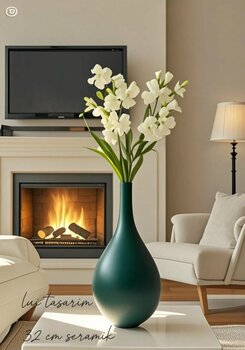 Lui Tasarım Yeşil Vazo Seramik El Yapımı Trend İskandinav 32 cm Büyük Merlin vazo modern çiçek ahşap dekor