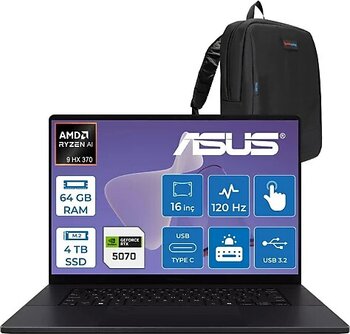 Asus Proart P16 WH7606WX Amd Ryzen Aı 9 Hx 370 64GB Ddr5 4tb SSD Freedos RTX5070 8gb Gddr7 16 Inç Dokunmatik 3k (2880 x 1800) OLED 0.2ms 120Hz 500NITS WRJ088WWF04 + Zetta Çanta - 4 TB - 64 GB