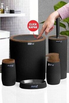 Okyanus Home Ahşap Çizgili Yuvarlak 5'li Banyo Seti - Siyah