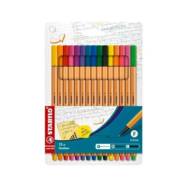 Stabilo Point Fineliner 88 0,4 mm Çizgi Kalınlığı 15 Adet (10 + 5 Neon) Set Keçe Uçlu Kalem