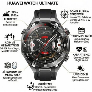 Huawei Watch Ultimate Akıllı Saat Safir Cam Likit Metal Gövde (Huawei Türkiye Garantili - Siyah