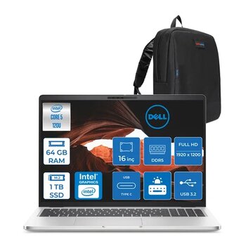 Dell Pro 16 Plus Ultra Core 5 120U 64Gb Ddr5 1Tb Ssd Intel Graphics 16" Fhd+ 300Nıt Ubuntu Taşınabilir Bilgisayar U5120u165uf22 + Zettaçanta