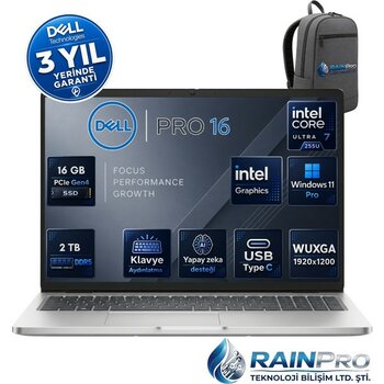 Dell Pro 16 Intel Core Ultra 7 255U 5.2ghz 16 GB Ddr5 2 Tb SSD Intel® Aı Boost 16 Inç IPS Wuxga Windows 11 Pro Taşınabilir Bilgisayar BTO107PC16250...