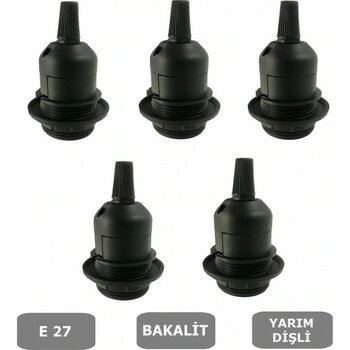 Mikasso E27 Duy Geçmeli Yarım Diş Avize, Abajur, Lambader Duyu Halkalı - Bakalit Siyah (250V-4A) 5 Adet