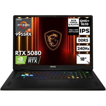 Msı Vector A18 Hx Ryzen 9-9955HX 48-Gbddr5 4 Tbssd RTX5080 (16GB-GDDR7-175W) 18" Qhd+ 240Hz Windows 11 Home A9WIG-093TRHMF12 Taşınabilir Bilgisayar