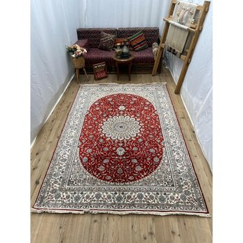 Şirvan Halı El Dokuma Ipek Floş Halı - 187 X 266 - Krem - Kırmızı - 187 x 265 cm