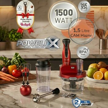 Tefal Dilimleyici ve Rende 4 Bıçaklı Powelix 1500W Güç 1,5 Litre Cam Hazneli Mutfak Robotu + Hassas Mutfak Tartısı - Kırmızı
