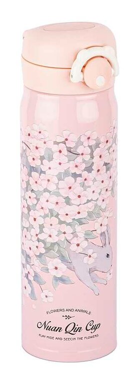 Tantitoni 050-01 Pembe Beyaz Çiçek Desenli Paslanmaz Çelik Termos 500 Ml