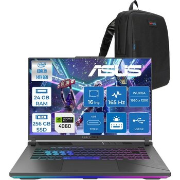 Asus Rog Strix G16 G614JVR 14. Nesil Intel I9-14900HX 24GB Ddr5 256GB SSD RTX4060/8GB 140W 16 Inç (1920 x 1200, Wuxga) 165Hz IPS Freedos Gaming Bil...