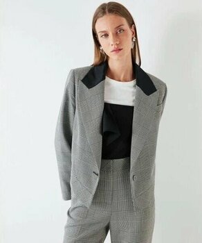 İpekyol Ekose Desen Saten Garnili Siyah Dokuma 40 Regular Blazer