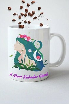 8 Mart Kadınlar Günü Hediyesi Baskılı Kupa Bardak Porselen Çay Kahve Fincanı-6 Beyaz