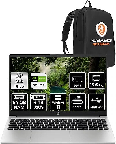 HP 250 G10 8A539EA 15.6 inç Intel Core i5 1335U 64 GB 4 TB SSD NVIDIA GeForce MX550 Windows 11 Professional