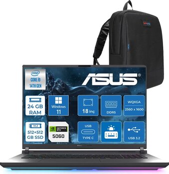 Asus Rog Strix G18 G815jmr Intel Core I9 14900hx 24gb 512gb Ssd +512gb Ssd 8gb/Rtx5060 115w Gddr7 18" 2.5k (2560 X 1600, Wqxga) 240hz 3ms Windows 11 Home Taşınabilir Bilgisayar Zs9035h02+Zettaçanta