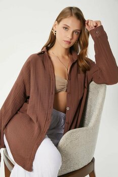 Ritnice Kadın Tilda %100 Pamuk Müslin Oversize Kahverengi Gömlek L Beden