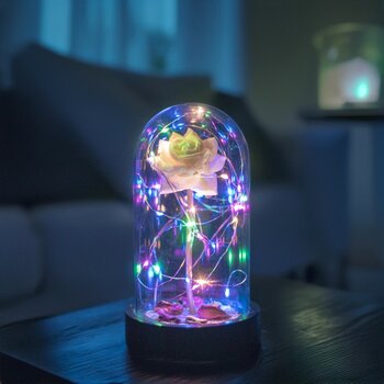 Artistix Anneler Gününe Özel Beyaz Gül Rgb Peri Ledli Fanus Lamba USB'li Yapay Çiçek Dekoratif Aydınlatma Hediyelik - 12x20