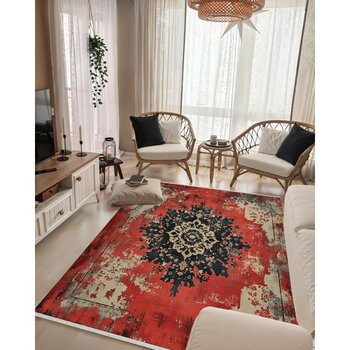 Vintage Eskitme Halı – Kırmızı & Siyah & Bej | Yıkanabilir, Kaymaz Tabanlı | Retro Salon Halısı - 120 x 270 cm - Çok Renkli