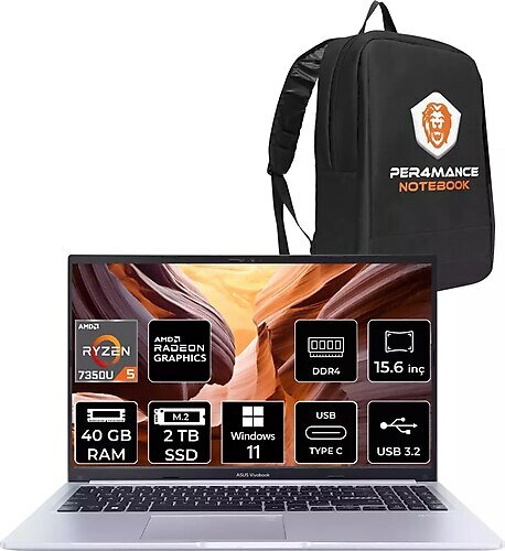 Asus Vivobook 15 M1502 NJ022W 15.6 inç AMD Ryzen 5 7530U 40 GB 2 TB SSD AMD Radeon Graphics Windows 11 Home