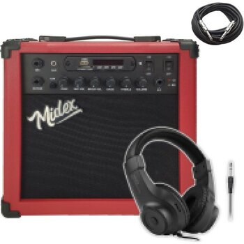 Midex MGA-25RDBT-HD ŞARJLI Elektro Gitar Amfisi 25 Watt USB Bluetooth Distortion Kulaklık ve Kablo - Kırmızı
