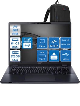 Acer Travelmate P4 Intel Core I7-1260p 64gb 512gb Ssd Intel Uhd Graphics Fhd 14" Freedos Taşınabilir Bilgisayar Mp414f07 + Zettaçanta
