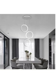 Lambadar Üçlü Halka Model Sarkıt Modern Led Beyaz Işık Ultra Power Led Avize Salon Mutfak Oda Ledli Avize