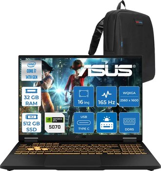 Asus Tuf Gaming F16 FX608JPR 14. Nesil Intel I7-14650HX 32GB Ddr5 512GB SSD 8GB/RTX5070 115W 165Hz 16"wqxga 2.5k 400NITS IPS Freedos Gaming Bilg. WQT070F07+ZETTAÇANTA