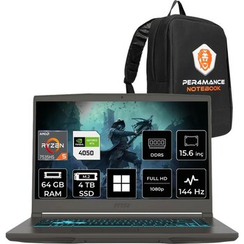 MSI Msı Thin A15 Ryzen 5 7535HS RTX4050 6gb 64GB Ram 4tb SSD 15.6" Fhd 144Hz WIN11 Pro B7VE076XTRP425 Gaming Laptop + Per4 Çanta - 4 TB - 64 GB