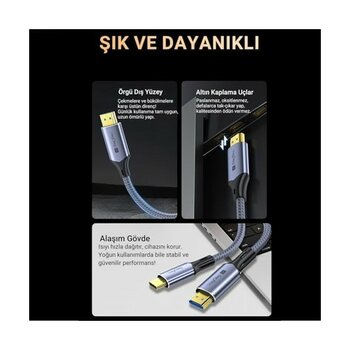 Daisy Home Type-C To HDMI Kablo 8k 60Hz 4K 240Hz Hdr 3D 48GBPS Örgülü Usb-C To HDMI Kablo 2 Metre - 0,20 cm - 0 - Siyah