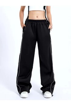 DENOKMODA Siyah Oversize Çift Biyeli Şeritli Eşofman Altı S/M Beden