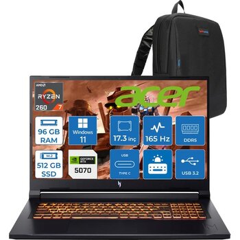 Acer Nitro V17 ANV17 Aı Amd Ryzen™ 7 260 96GB Ddr5 512GB SSD 8GB/RTX5070 85W 17.3"wqxga 2560X1440 165Hz IPS WIN11HOME Gaming Bilgisayar. NHQZKEY001...