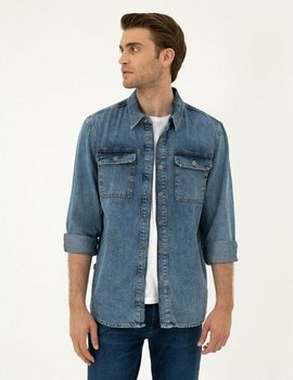 Pierre Cardin Erkek Koyu Mavi Regular Fit Uzun Kollu Jean Gömlek 50288244-VR032 - S