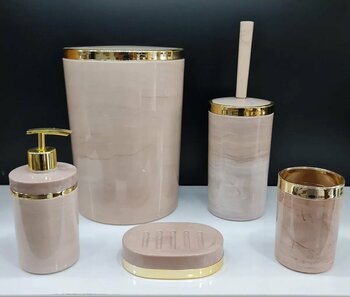 GuvenliPazar 5 Parça Akrilik Yuvarlak Banyo Seti Somon Mermer Gold Kromaj 5'li