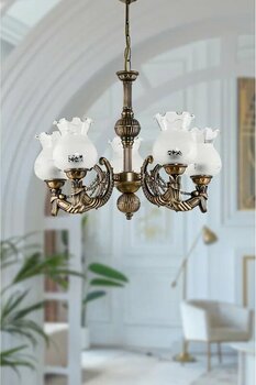 Beş Kollu Metal Eskitme Cadena Döküm Zamak Avize Mat Beyaz Camlı