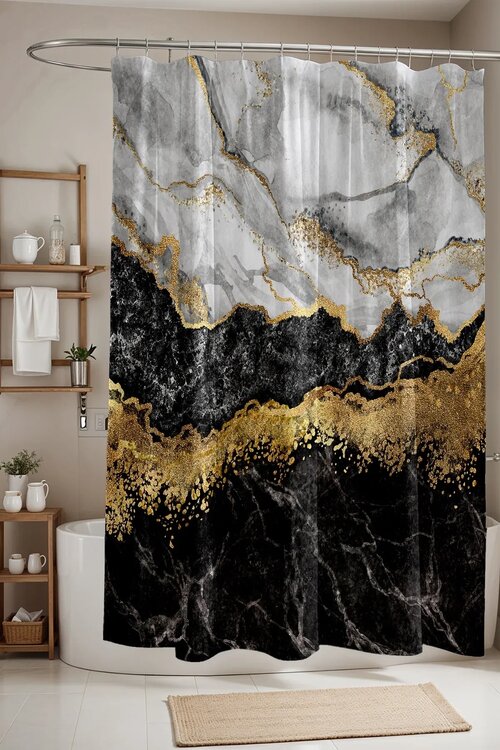 EVPANYA Altın Siyah Gri Mermer Desenli 175 x 200 cm Banyo Perdesi