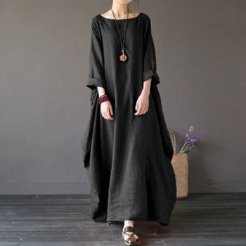 1Tarz Keten Rahat Baharlık Salaş Panço Kadın Elbise - S - Siyah