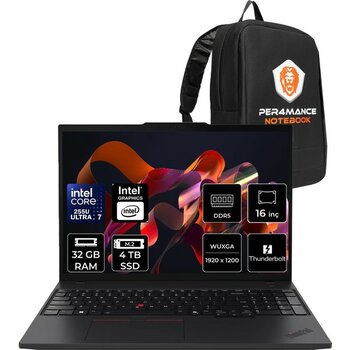 Lenovo Thinkpad T16 Core Ultra 7 255U 32GB Ram 4tb SSD 16" Fhd+ Freedos 21QFS2PD00P320 Notebook + Per4 Çanta - 4 TB - 32 GB