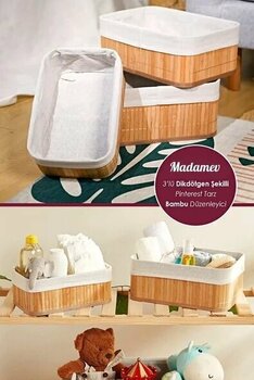 Madamev 3Lü Pinterest Stil Bambu Kare Sepet Dekoratif Ev Düzenleyici Organizer Çok Amaçlı Bambu Hasır Sepet