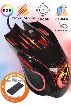 POLYGOLD Gaming Işıklı Oyuncu Mouse 3600 Dpi 7 Tuşlu Kumaş Kablo Gamer Rgb Kablolu Mouse Proffesyonel